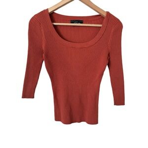 Apostrophe Petite Rust Orange Ribbed Scoop Neck 3/4 Sleeve Y2K Sweater Small